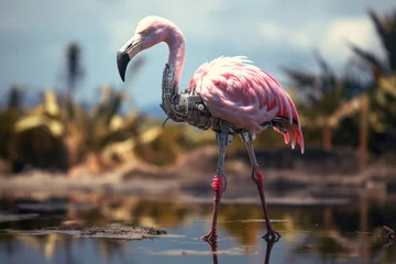  Robot flamingo in the nature. Generative AI art © Drpixel
