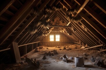 Fototapeta na wymiar bats resting in eaves of an attic, created with generative ai
