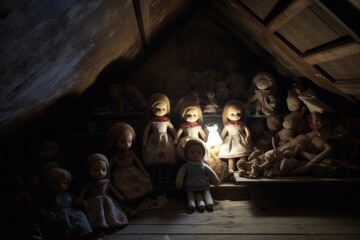 dolls empty gaze in a dark attic corner, illuminated by a single beam of light, created with generative ai