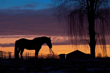 Fototapeta na wymiar silhouette of horse eating hay at twilight, created with generative ai