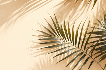 Fototapeta premium Top view of tropical leaves and shadow on sand color background. Flat lay. Minimal summer concept with palm tree leaf. Copy space. Generative AI