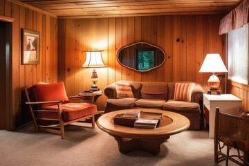 relaxing den, with cozy armchair and coffee table, surrounded by wood paneling, created with generative ai