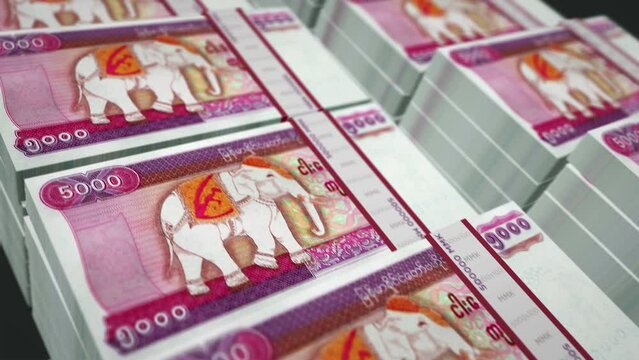 Myanmar money Burma Kyat money pack loop 3d animation. Loopable seamless concept of finance, cash, economy, business and bank. Camera moving over the 5000 MMK banknote bundle stacks.
