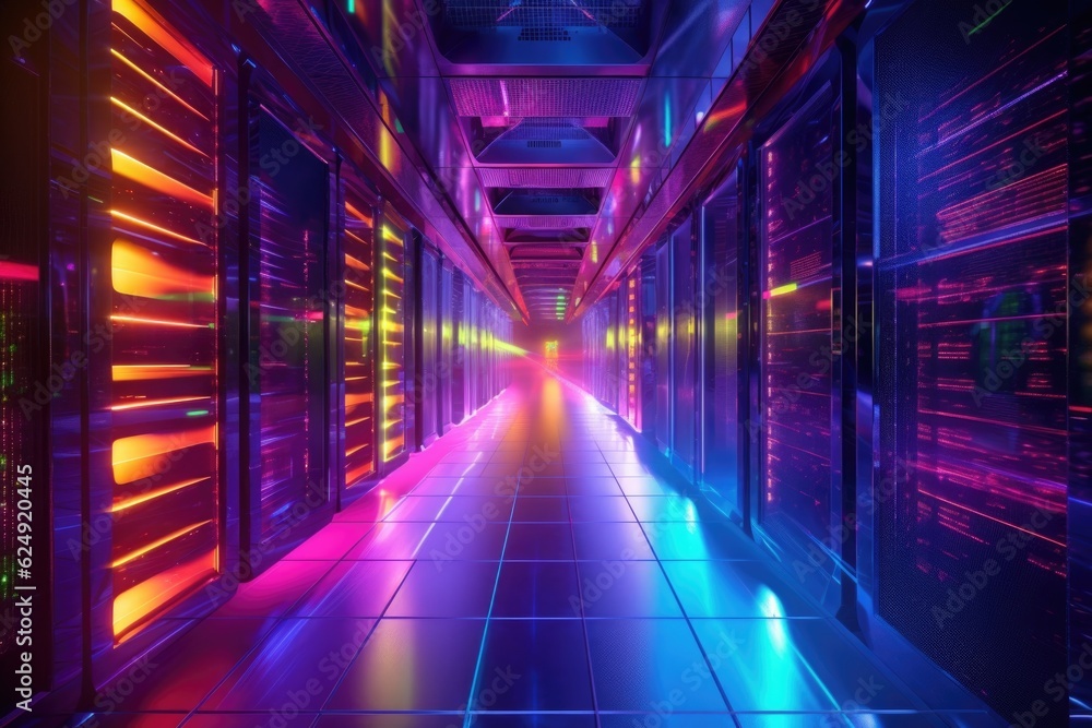Wall mural holographic data center with glowing servers, created with generative ai