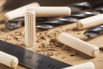 hole in wooden oak board for wooden dowel. carpentry industry.