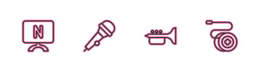 Set line Smart Tv, Trumpet, Microphone and Yoyo toy icon. Vector