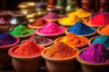 close-up of vibrant spice powders in wooden bowls, created with generative ai