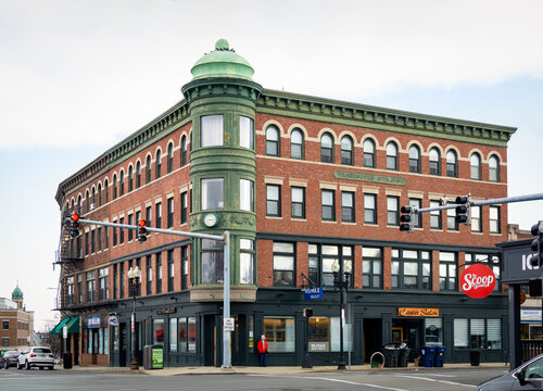 Rourke's or Washington building, dating from 1909, in Washington and Market Street intersection, on February 14, 2023, Brighton, Massachusetts, USA