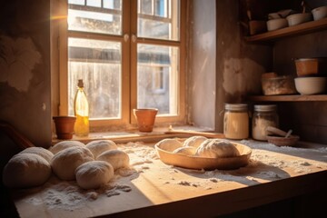 Fototapeta na wymiar bread dough rising near a window with sunlight, created with generative ai