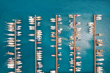 Aerial view of boats and yachts in harbor