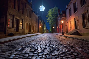 Fototapeta premium shadowy cobblestone street under a full moons glow, created with generative ai