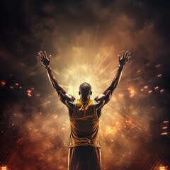 ear view of a basketball player with his arms in the air 