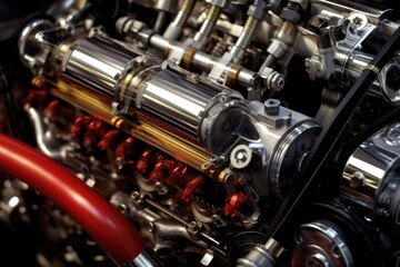 close-up of sports car engine components, created with generative ai