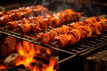 close-up of chorizo skewers roasting on open flame, created with generative ai