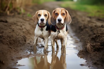 beagles paw prints in mud while following scent, created with generative ai