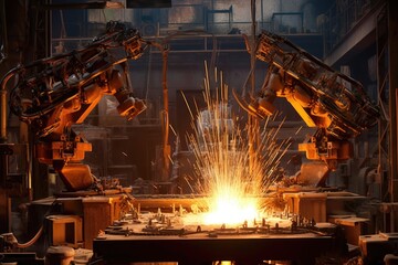 robotic arms handling hot metal bars, created with generative ai