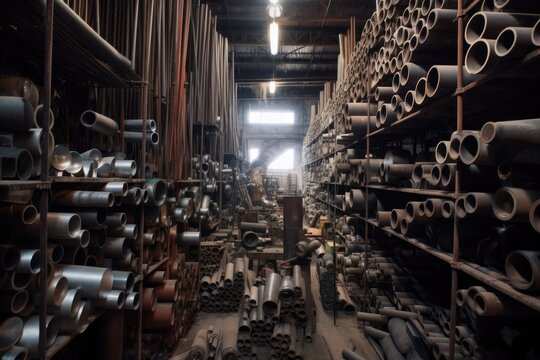 metal pipes arranged in a warehouse, created with generative ai