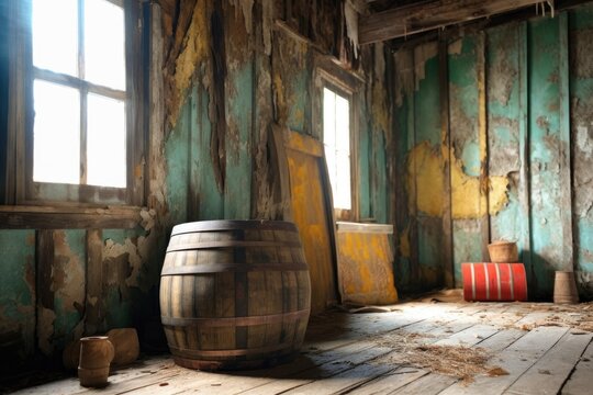 wooden barrel with peeling paint in abandoned barn, created with generative ai