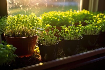 Fototapeta na wymiar morning sunlight illuminating potted microgreens, created with generative ai