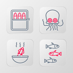 Set line Fishes, Soup with octopus, Octopus and Canned fish icon. Vector
