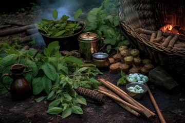 mint tea ingredients arranged around a campfire setting, created with generative ai