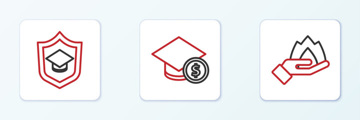 Set line Hand holding a fire, Graduation cap with shield and coin icon. Vector