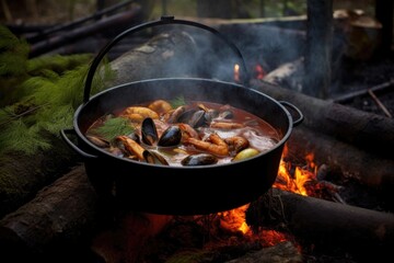 campfire embers with cioppino pot and cozy atmosphere, created with generative ai
