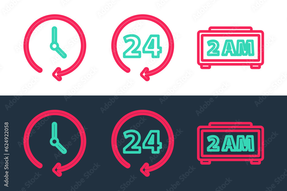 Poster set line digital alarm clock, clock and 24 hours icon. vector