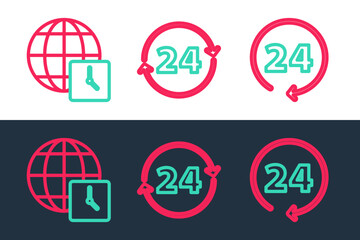Set line Clock 24 hours, World time and icon. Vector
