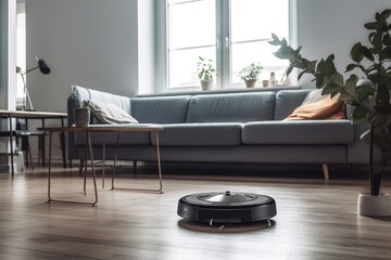 robotic vacuum cleaner in a smart home, created with generative ai