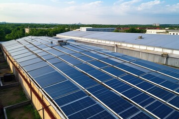 solar panels on factory roof for clean energy, created with generative ai