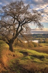 wide shot of tree and surrounding landscape, created with generative ai