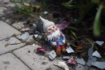close-up of a shattered garden gnome on the ground, created with generative ai