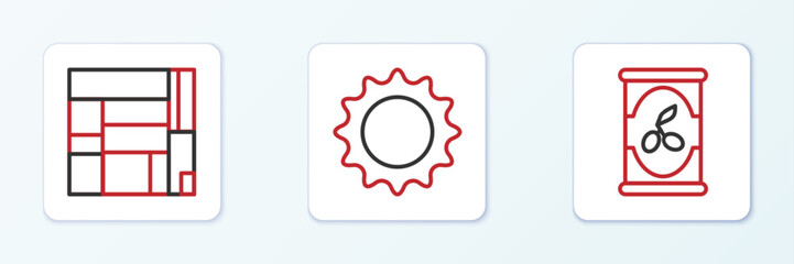 Set line Olives in can, House Edificio Mirador and Sun icon. Vector