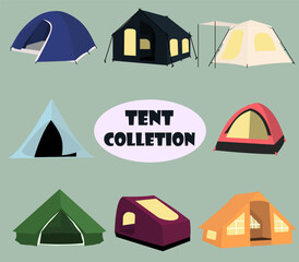 Collection of camping tent vector icons isolated on white background