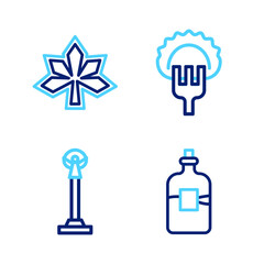 Set line Bottle of vodka, Monument Independence, Dumplings fork and Chestnut leaf icon. Vector