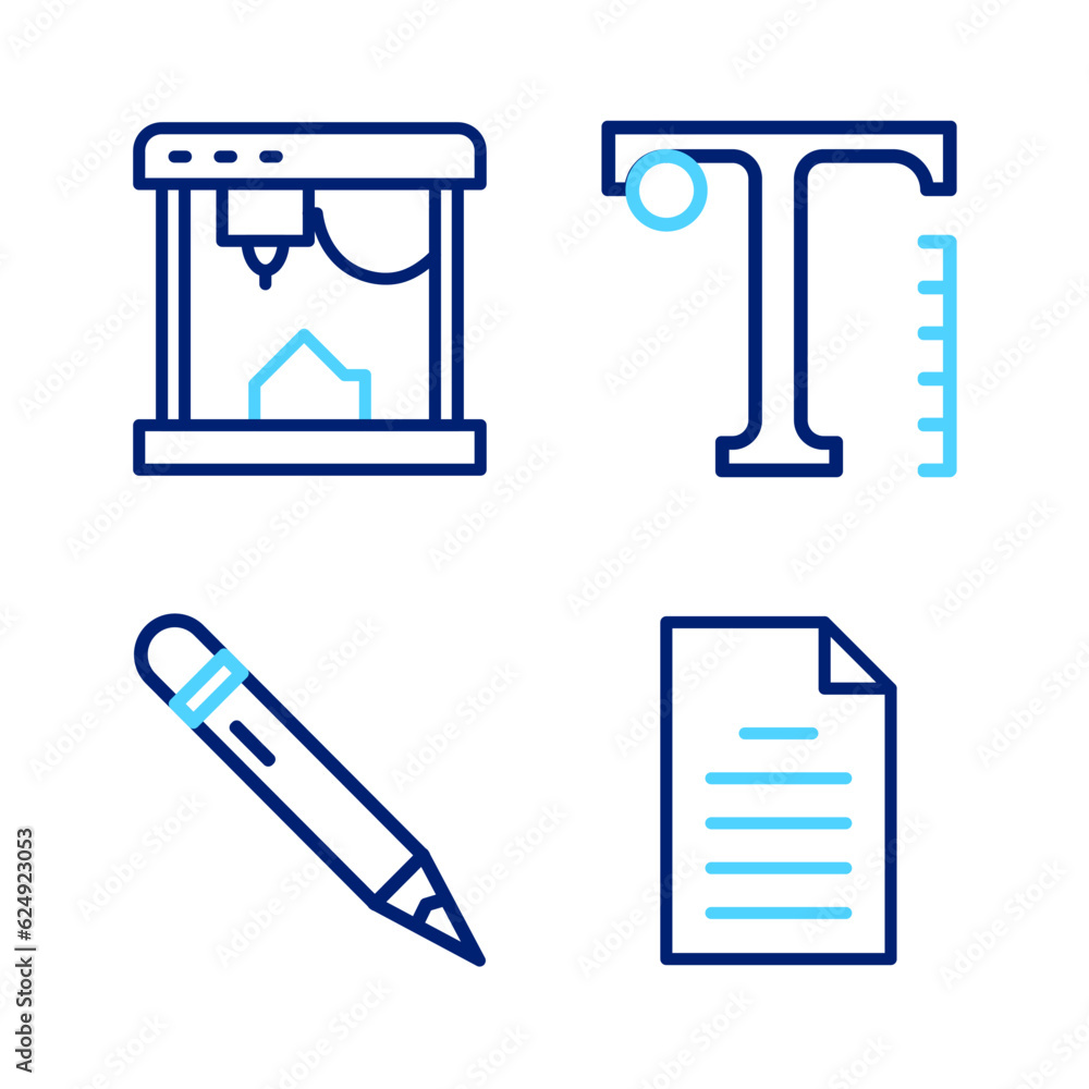 Aufkleber set line file document, pencil with eraser, text and 3d printer icon. vector