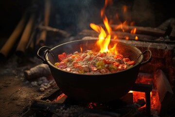 glowing embers beneath jambalaya pot on open fire, created with generative ai