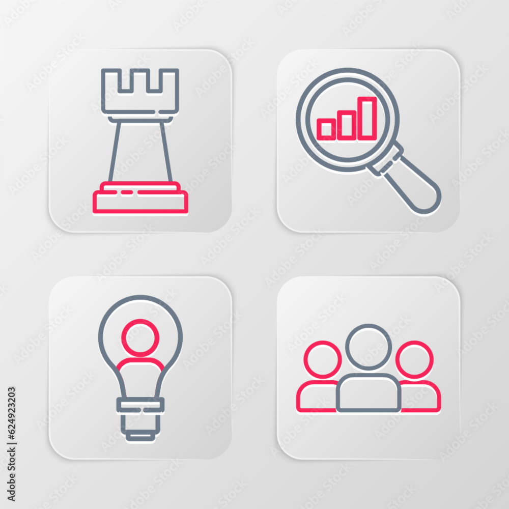 Aufkleber set line users group, head with lamp bulb, magnifying glass and analysis and chess icon. vector