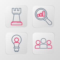 Set line Users group, Head with lamp bulb, Magnifying glass and analysis and Chess icon. Vector