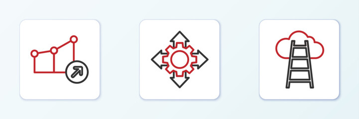 Set line Stair with finish flag, Financial growth and Project team base icon. Vector