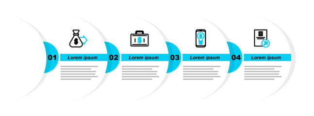 Set line Job promotion, Light bulb with dollar mobile, Briefcase and money and Money bag icon. Vector