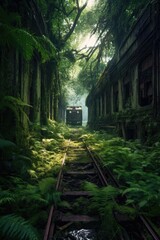 Fototapeta premium abandoned trade route in a dense forest, created with generative ai