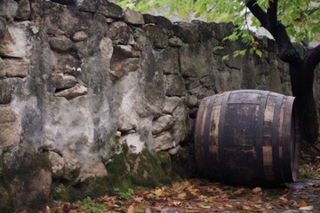 Fototapeta premium aging barrel near an old stone wall, created with generative ai