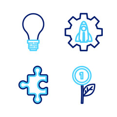 Set line Dollar plant, Piece of puzzle, Startup project concept and Light bulb with idea icon. Vector