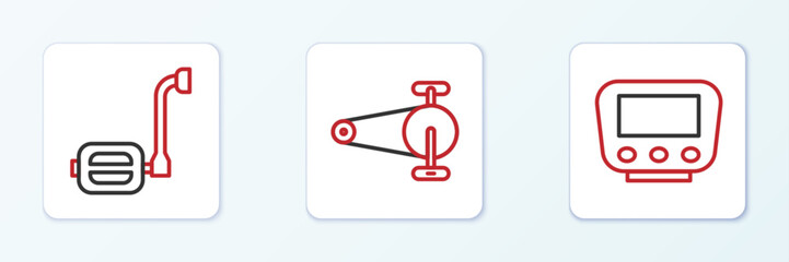 Set line Bicycle speedometer, pedal and chain with gear icon. Vector