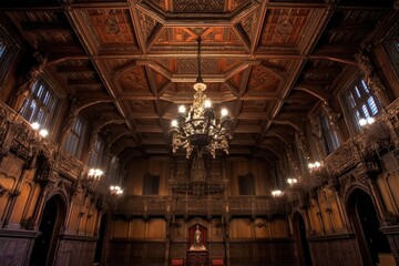 Fototapeta premium wide-angle shot of ornate wooden ceiling, created with generative ai