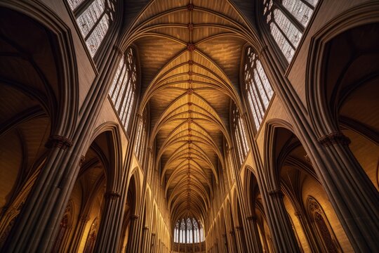wide-angle view of a vaulted cathedral ceiling, created with generative ai