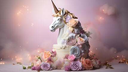 Unicorn Cake - Unicorn Themed Cake in Feminine Pastel Color Aesthetic against Vintage Pastel Background with Whimsical Elements - For Birthdays, Weddings, or Celebrations - Generative AI