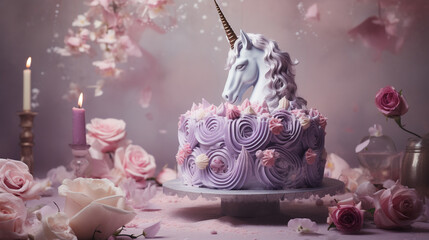 Unicorn Cake - Unicorn Themed Cake in Feminine Pastel Color Aesthetic against Vintage Pastel Background with Whimsical Elements - For Birthdays, Weddings, or Celebrations - Generative AI